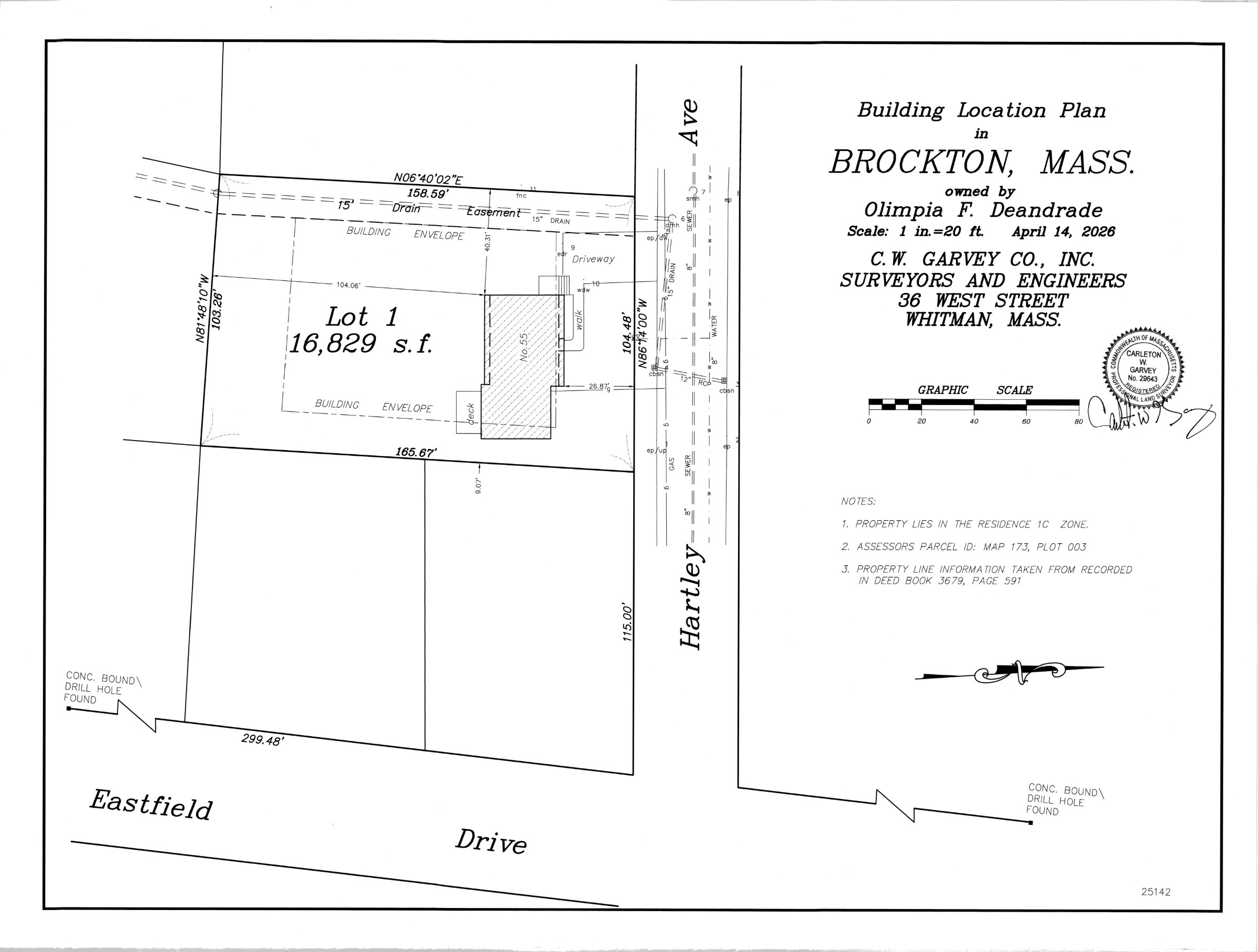 Surveyor's building location plan for 55 Hartley Avenue, Brockton, showing Lot 1 of 16,829 square feet and the existing house
